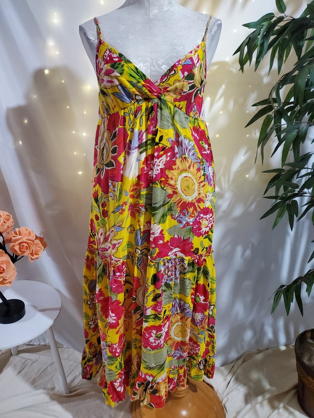 Vtg 90s Y2K Chesley Tiered Floral Ruffle Empire Waist Maxi Sundress Sz M Cottage